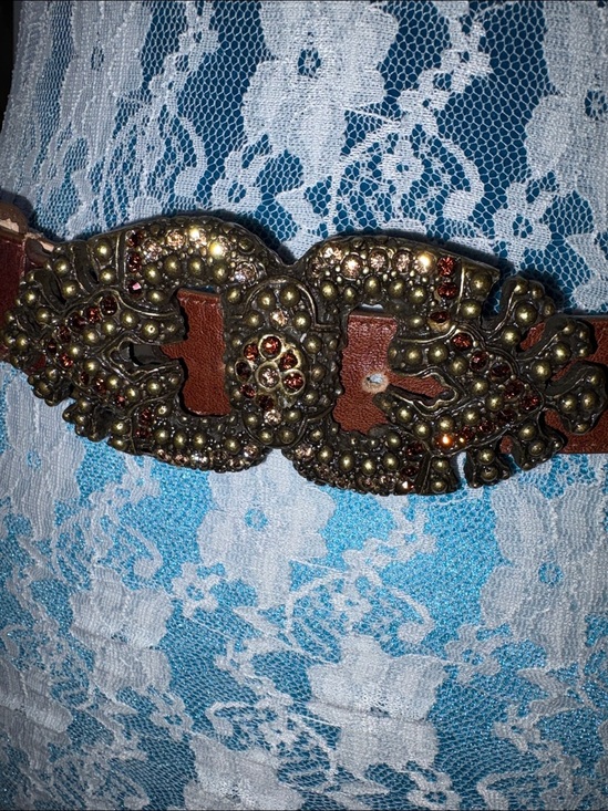 Leatherock  Belt  Leather brown 1” wide /ornate brass buckle/Amber rhinestones main image 6